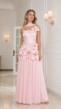 Front view of pink floral applique corset evening gown