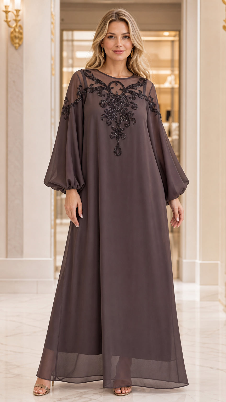 Front full-length view of woman wearing Dark Taupe beaded chiffon maxi dress
