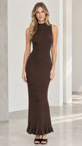 Model wearing brown sleeveless mock neck ribbed knit maxi dress front view