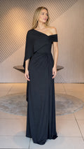 Front view of black one-shoulder drape evening maxi dress