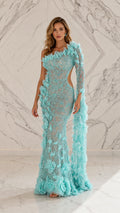 Front view of light blue one-shoulder 3D floral applique evening dress