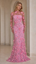 Front view of model wearing pink 3D floral applique beaded long sleeve evening gown