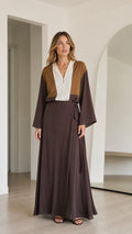 Front view of model wearing Brown Colorblock long sleeve maxi dress with tie waist