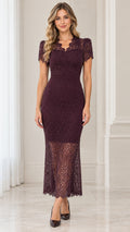 Front view of woman wearing burgundy scalloped V-neck floral lace midi dress