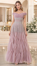 Front view of model wearing dusty rose off-shoulder ruffled tulle evening gown