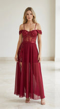Front view of burgundy off-the-shoulder evening dress