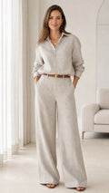 Women's beige linen-look button-down shirt and wide-leg trousers two-piece set front view