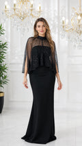 Front view of model wearing black high neck sequin capelet maxi evening gown
