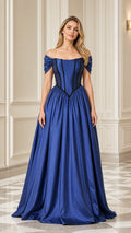 Royal Blue off-the-shoulder corset satin ball gown front view