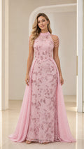 Pink high neck lace evening gown with draped pearl beaded shoulders and chiffon overskirt front view