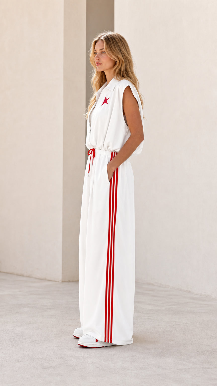 Side profile view of model wearing white sleeveless wide-leg track jumpsuit