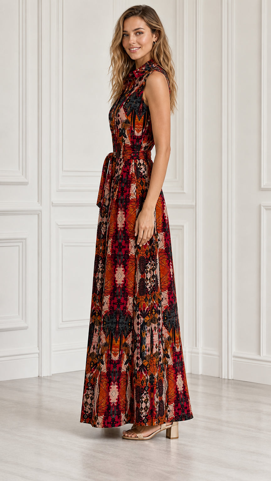 Side angle view of sleeveless rust orange geometric print maxi dress