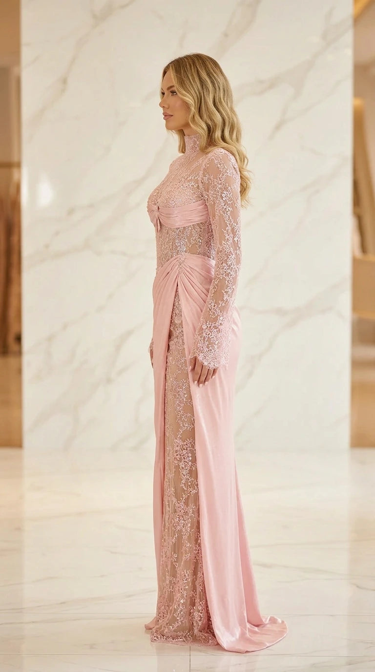 Model wearing pink evening gown, side profile view