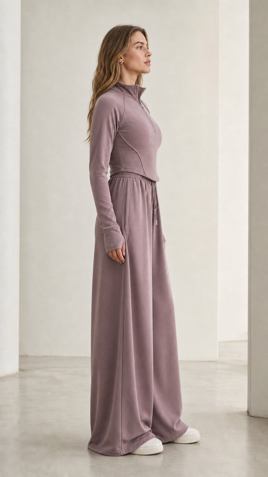 Side profile of women's dusty mauve loungewear set with wide-leg pants