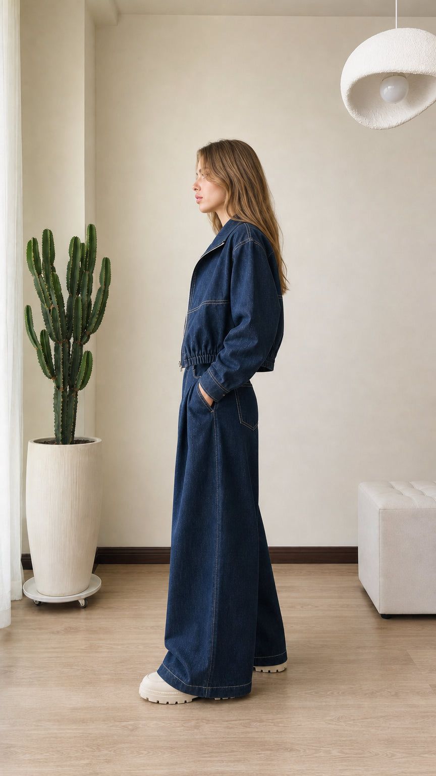 Side view of model in indigo blue denim two-piece matching set