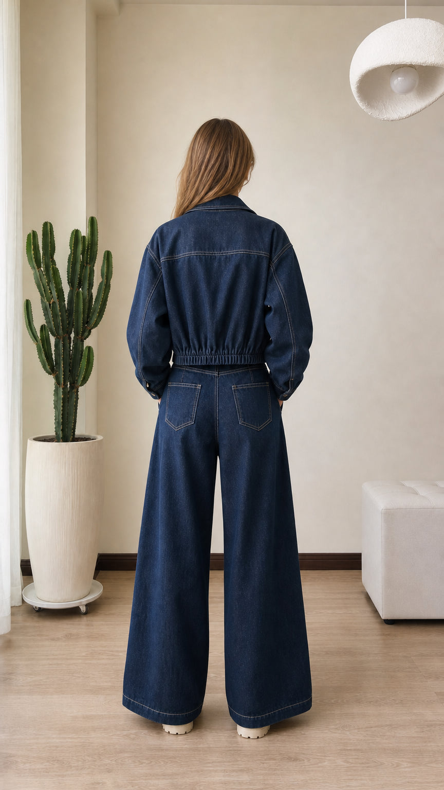 Back view of model showing the back cut and pockets of dark blue denim pants set