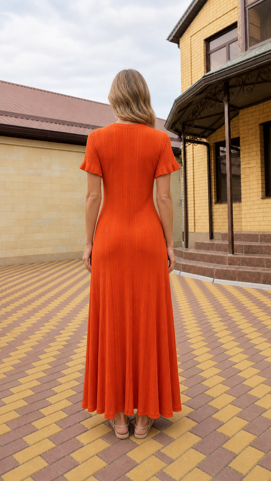 Back view of woman wearing orange short sleeve cable knit maxi dress