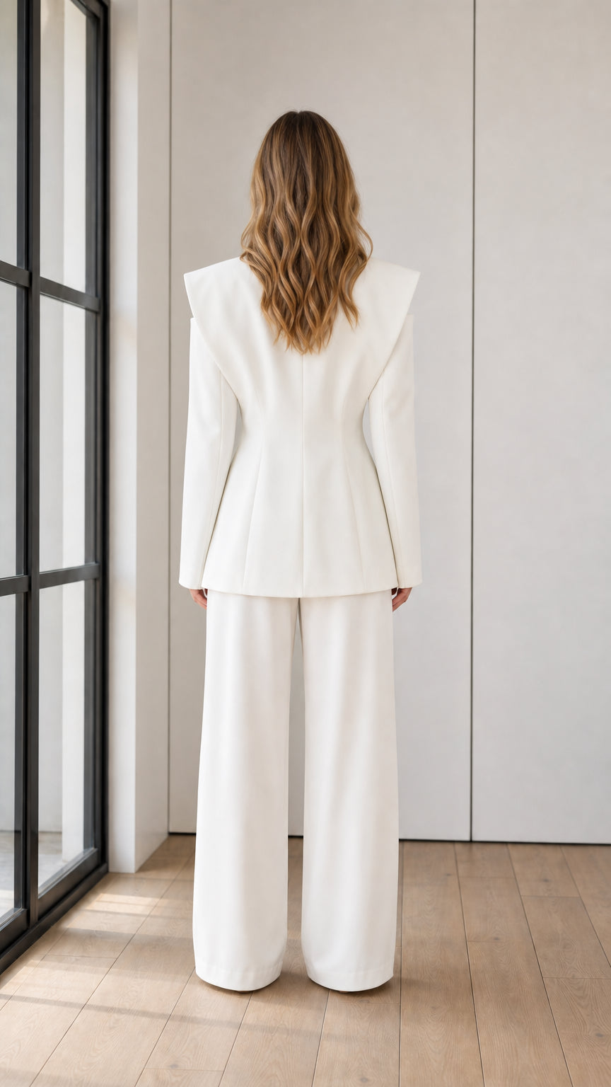 Back full-length view of white structured blazer and wide-leg trousers set