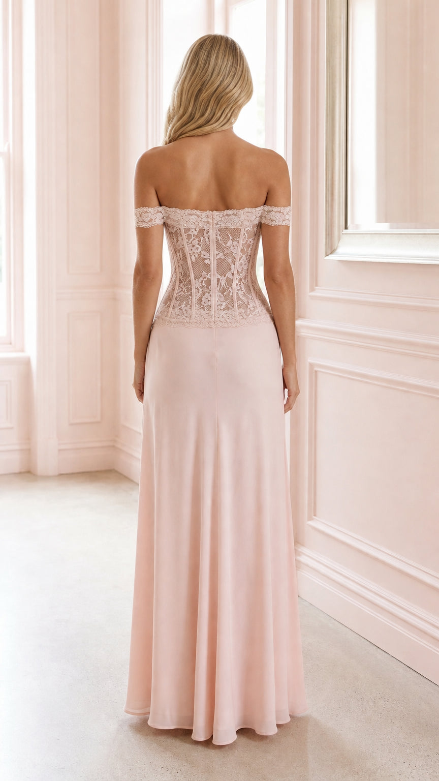 Back view of pink off-shoulder lace corset evening dress