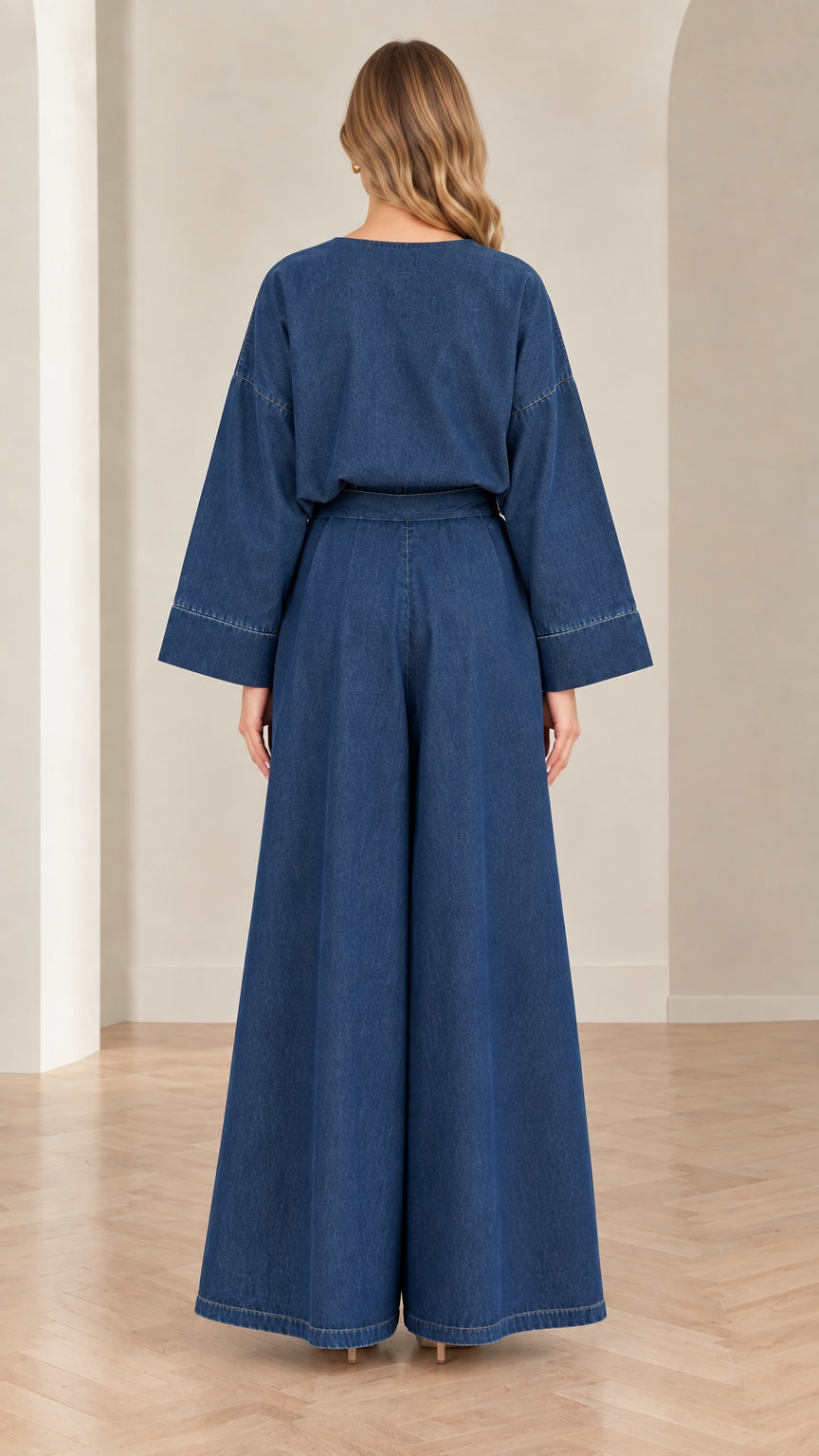 Women's denim blue wide-leg pant set back view