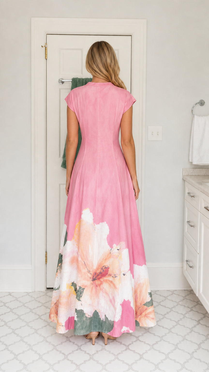 Back view of woman wearing pink watercolor floral floor-length maxi dress