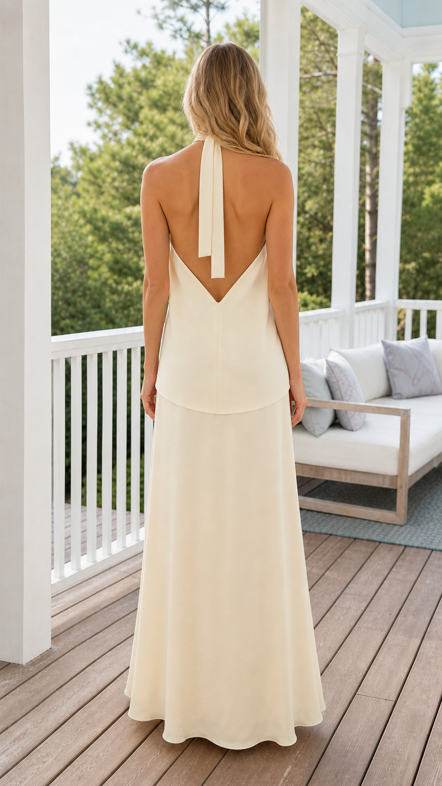 Back view of ivory backless halter tie top and floor length skirt