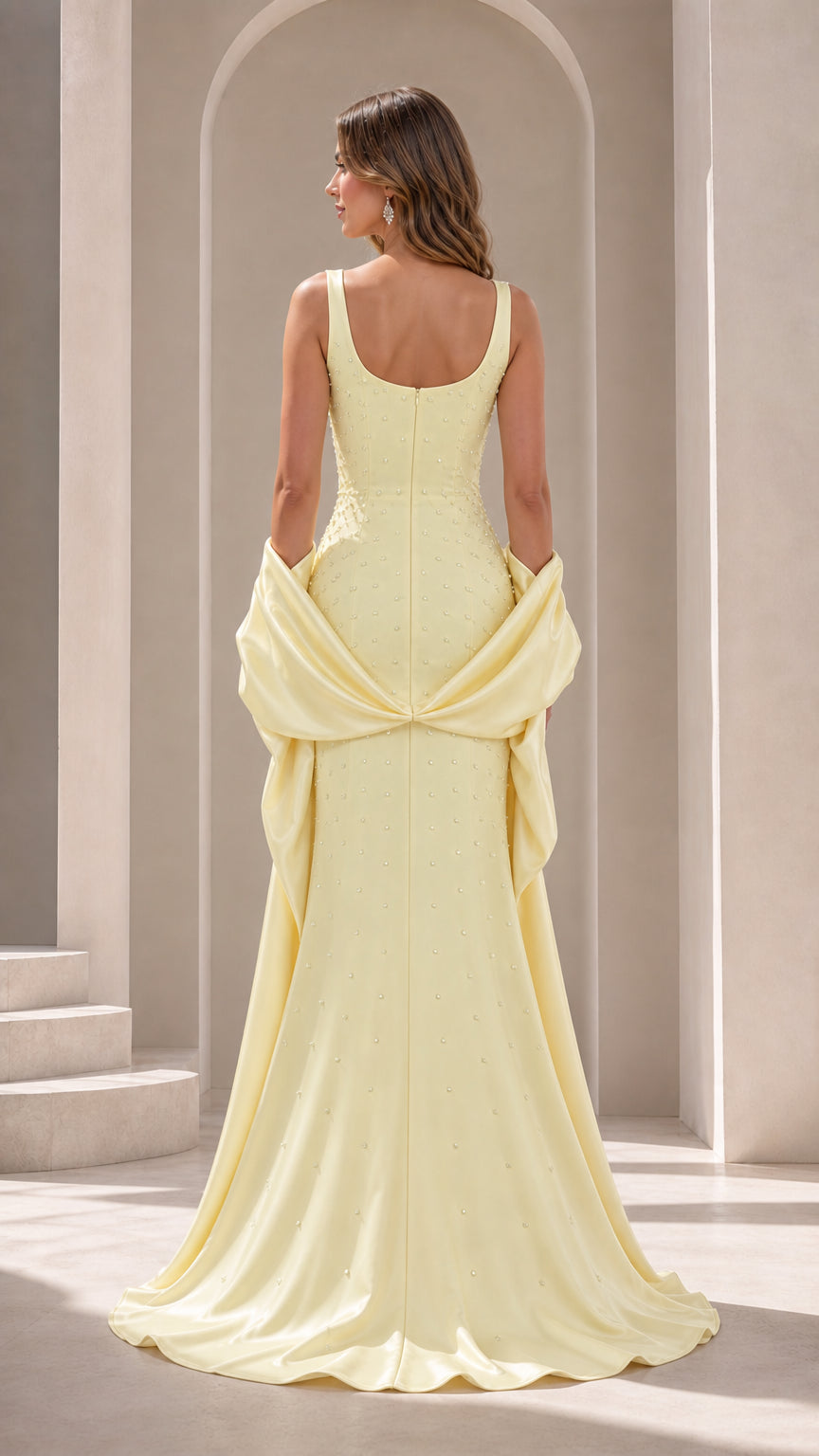 Back view of Butter Yellow scoop back mermaid gown with draped wrap and sweep train
