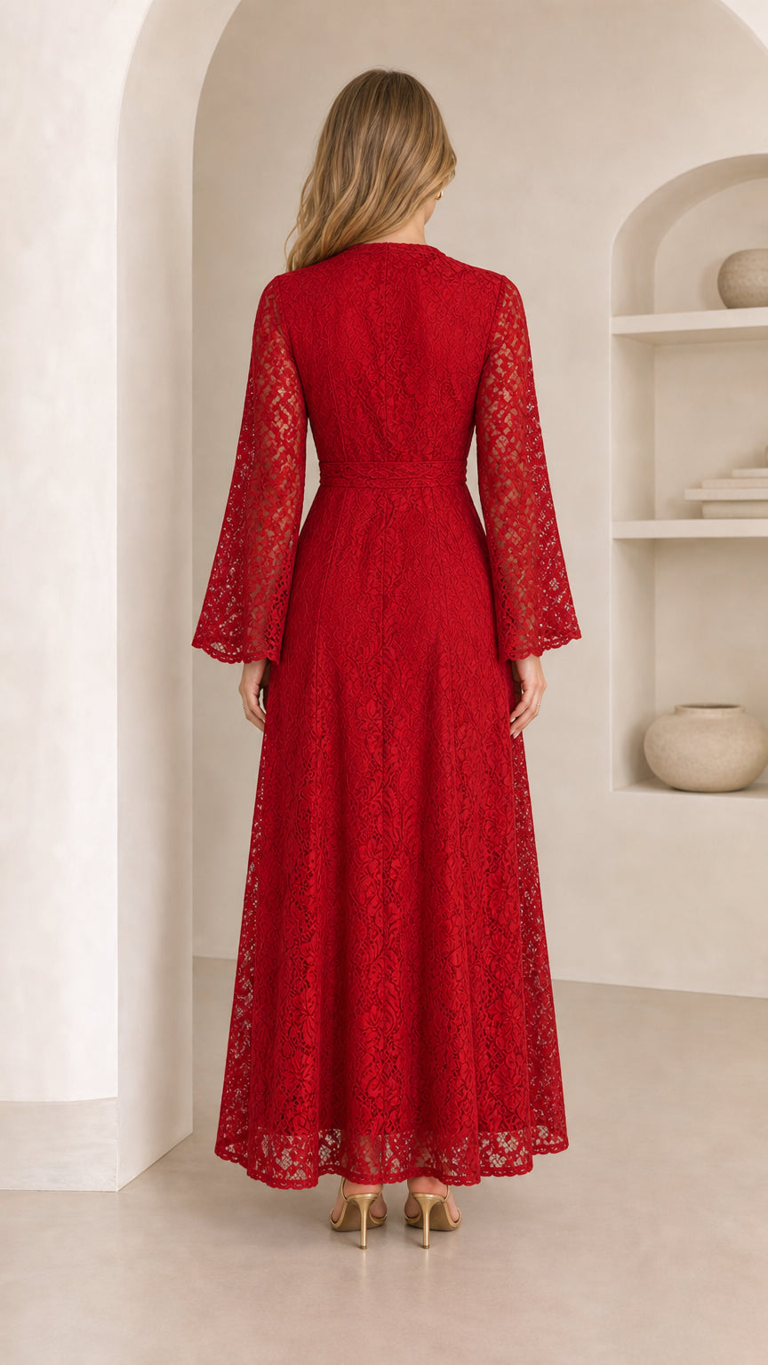 Back view of model wearing a red lace A-line evening maxi dress