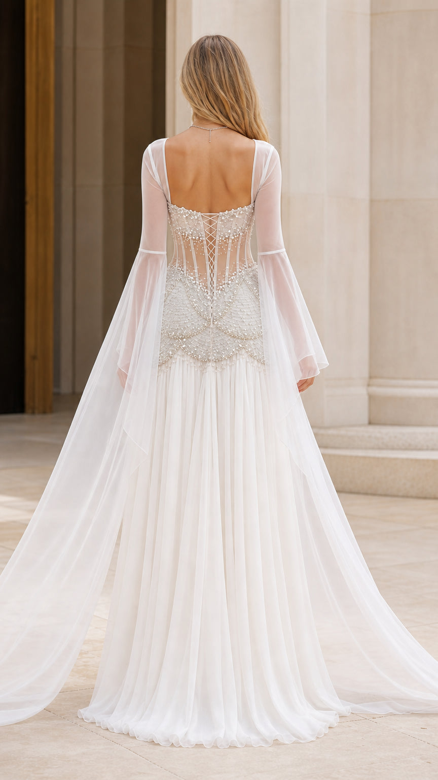 Back view of Ivory White corset evening gown showing sheer back and flowing cape trail