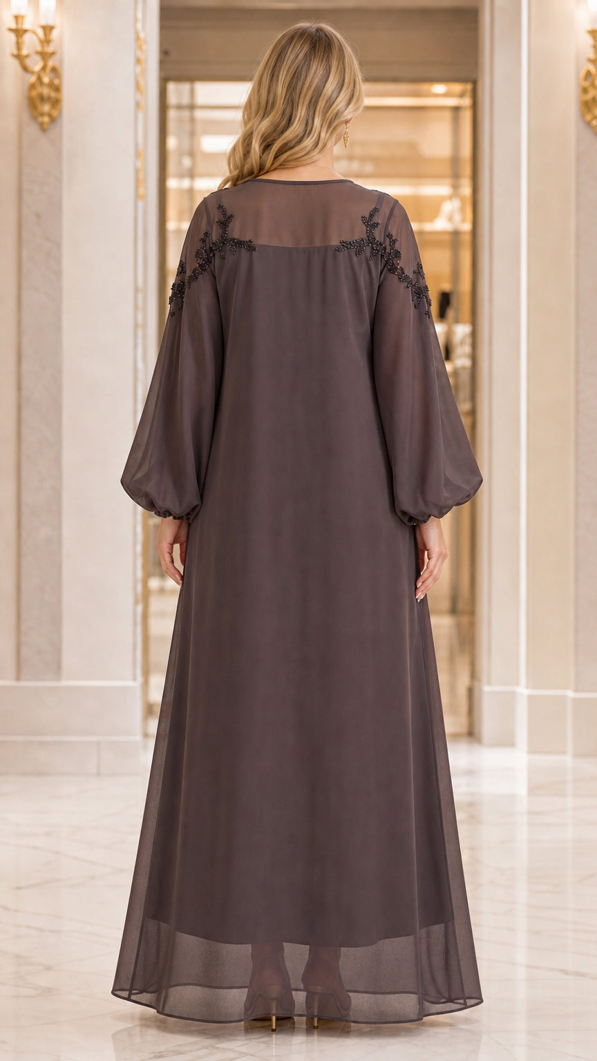 Back view of woman wearing Dark Taupe balloon sleeve chiffon evening dress