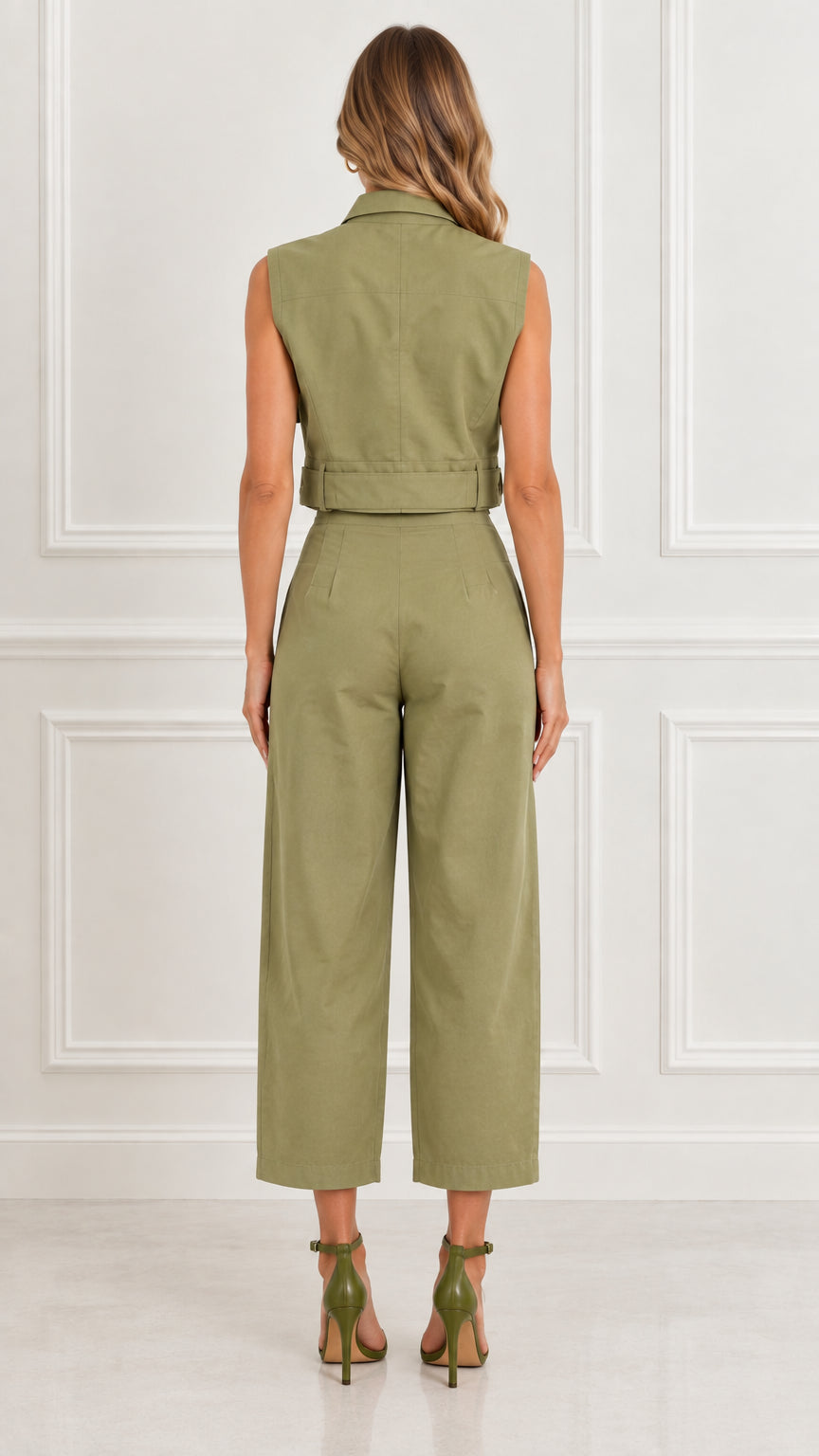 Back view of Olive Green sleeveless top and matching high-waisted trousers