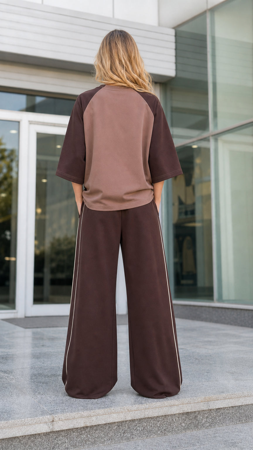 Back view of women's oversized tee and wide-leg lounge pants in mocha brown