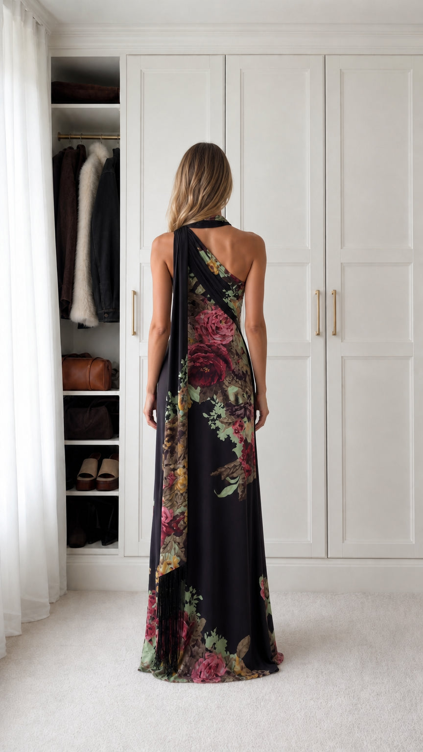 Black floral halter maxi dress back view highlighting draped scarf sash
