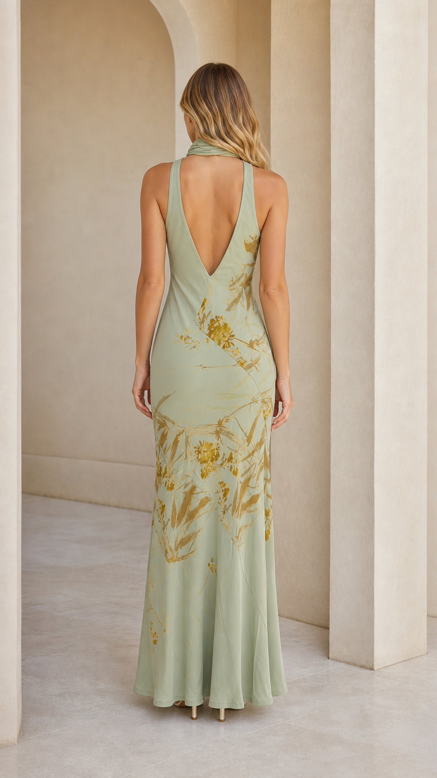 Back view showing low scoop back of Sage Green maxi dress