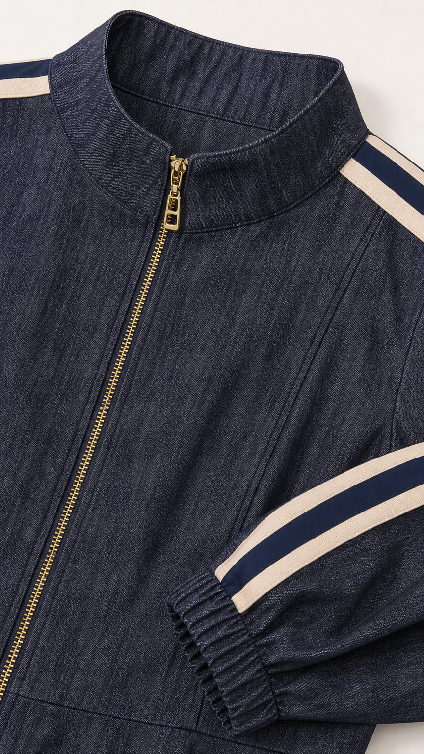 Close-up detail of Navy Blue jacket stand collar, gold-tone zipper, and side sleeve stripe