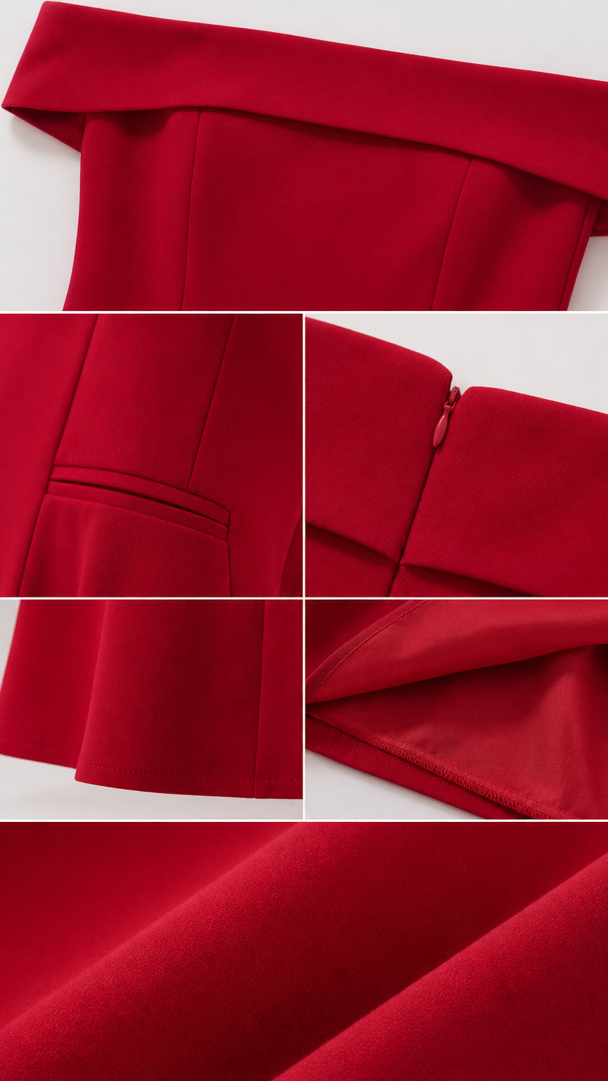 Close-up details of red dress construction and fabric