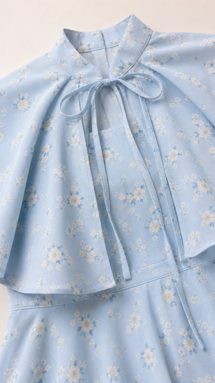 Close-up of capelet collar and tie neckline on sky blue floral fabric