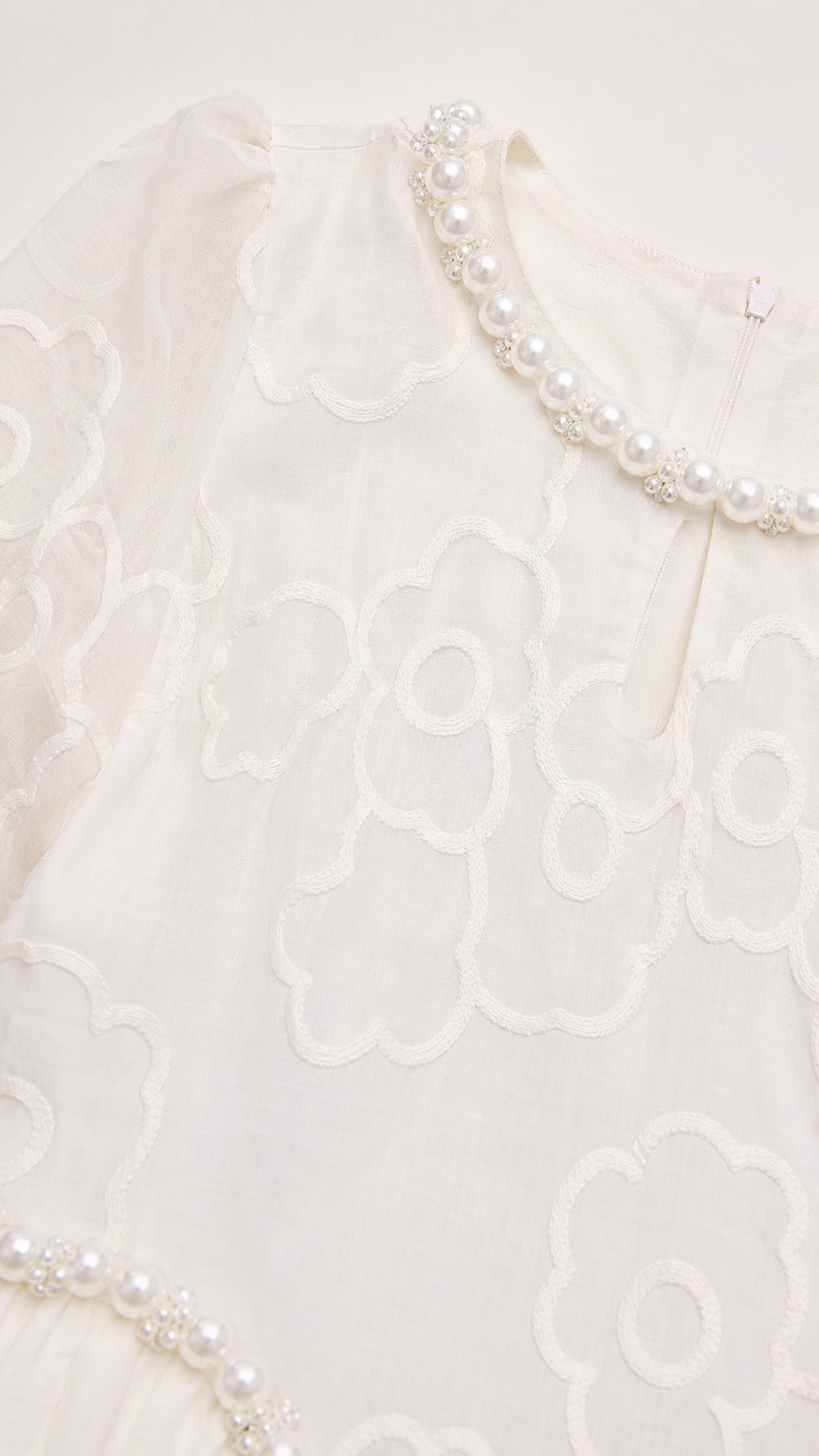 Close-up detail of white floral embroidery fabric and faux pearl trimmed neckline