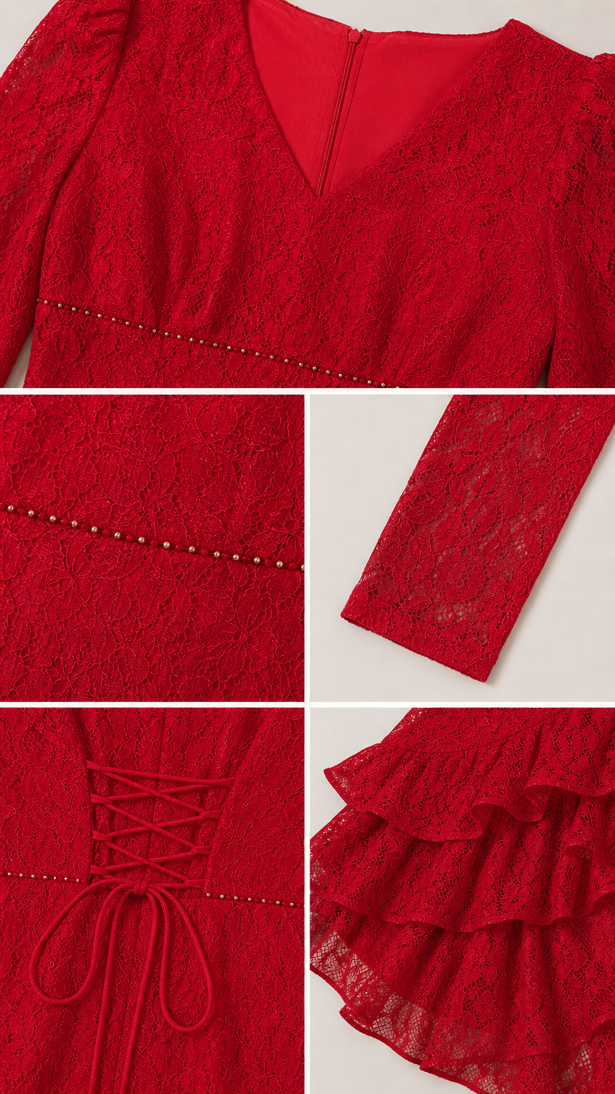 Close-up details of the red dress showing lace fabric, beaded waist, and ruffle hem