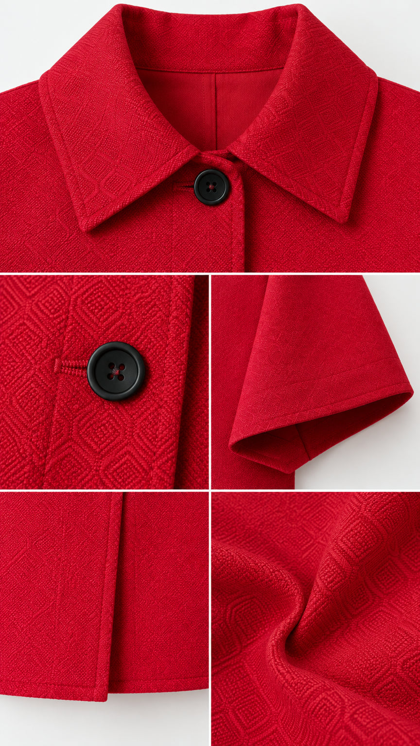 Detailed close-up collage of the red cropped jacket showing collar, button, sleeve cuff, hem, and textured weave