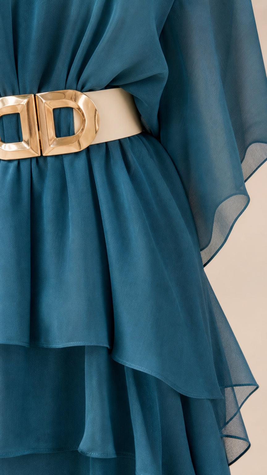 Close-up detail of the metallic belt and chiffon fabric layers