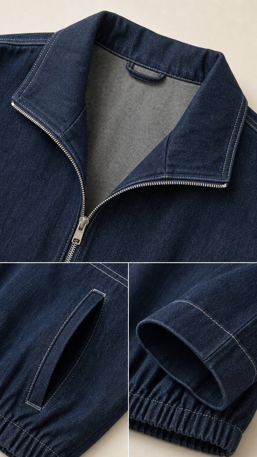 Close-up details of dark blue denim set showing collar zipper and elastic hem stitching