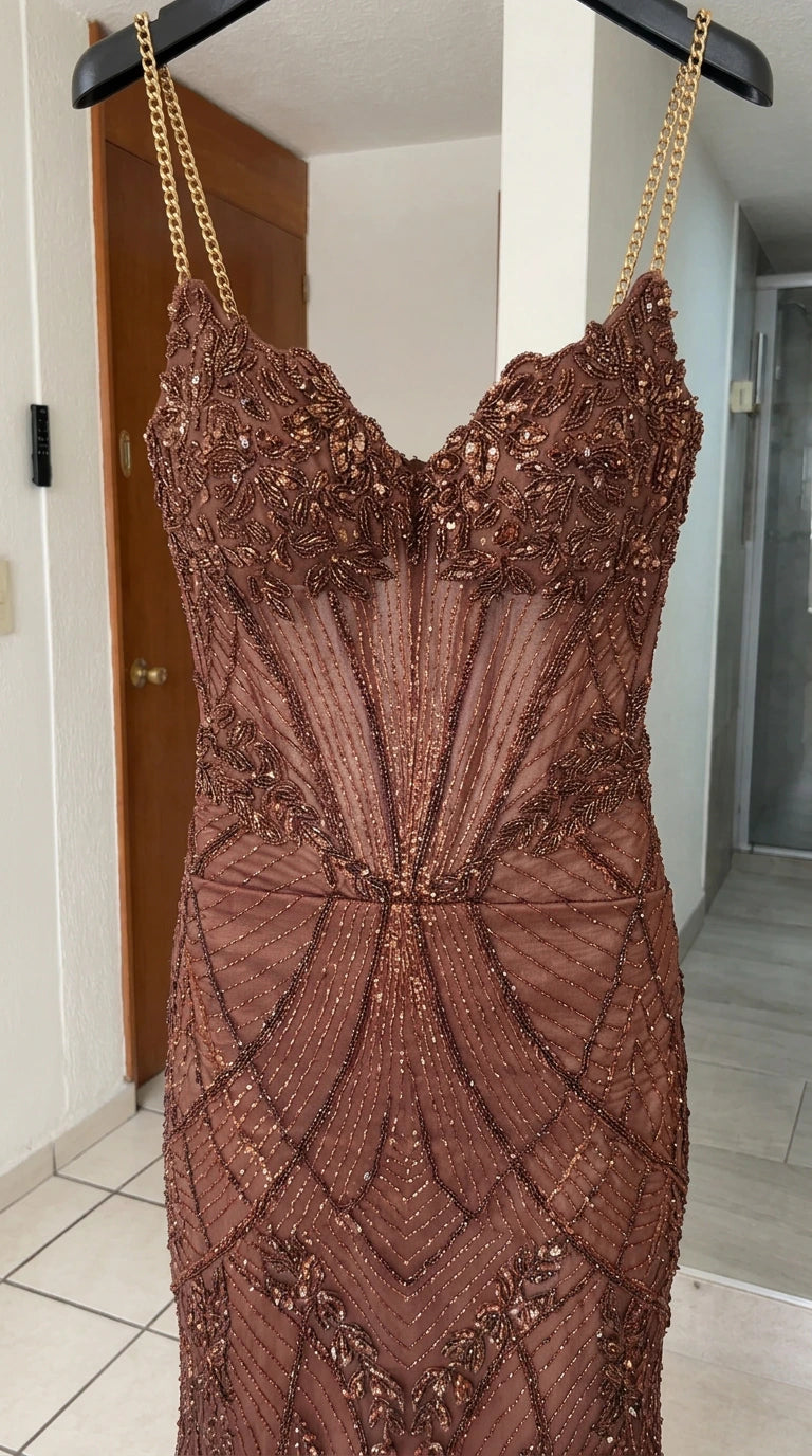 Close up of mocha brown corset bodice showing chain straps and intricate beadwork