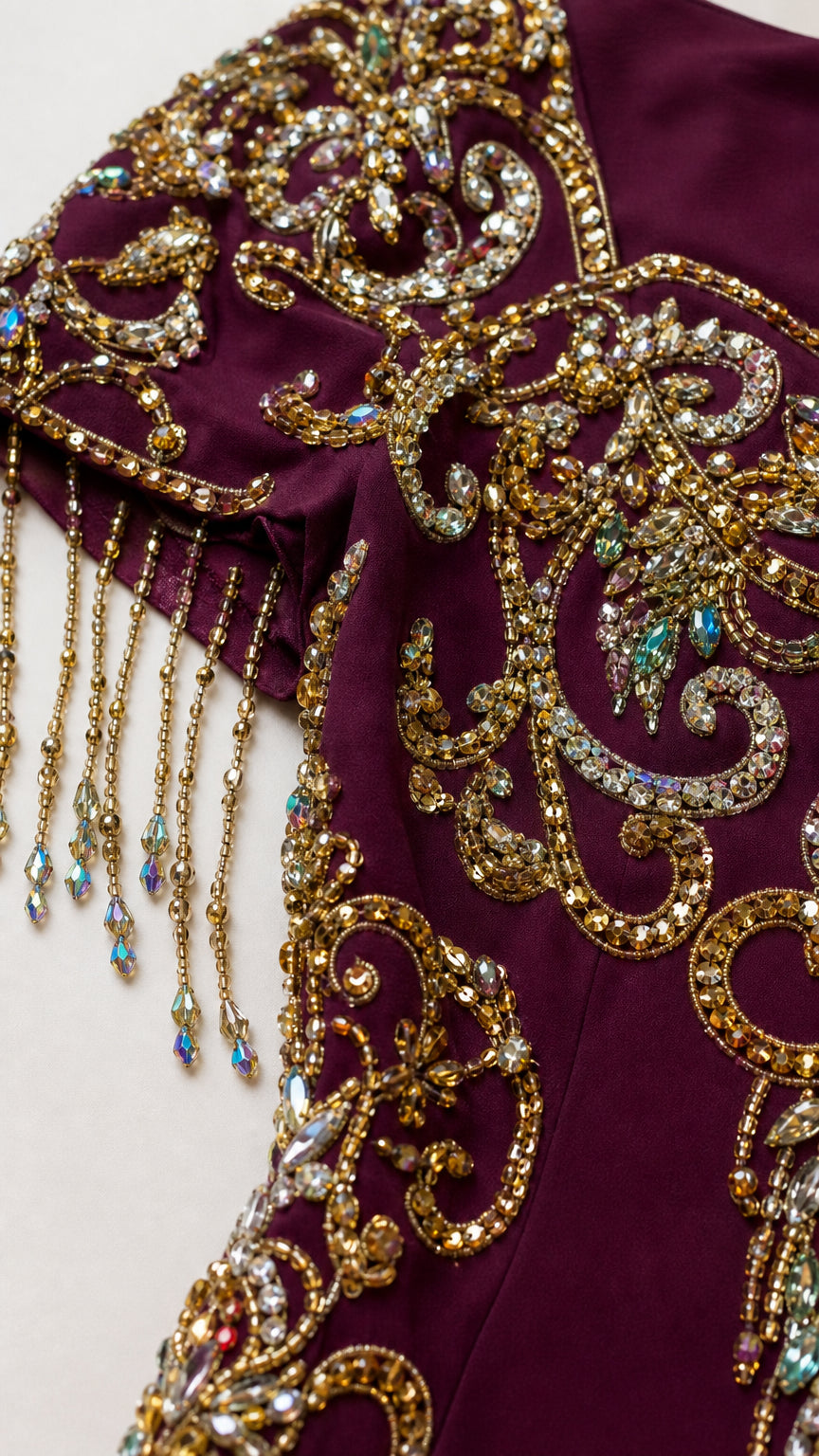Close-up detail of intricate crystal beadwork, gold embroidery, and beaded tassels on cap sleeve