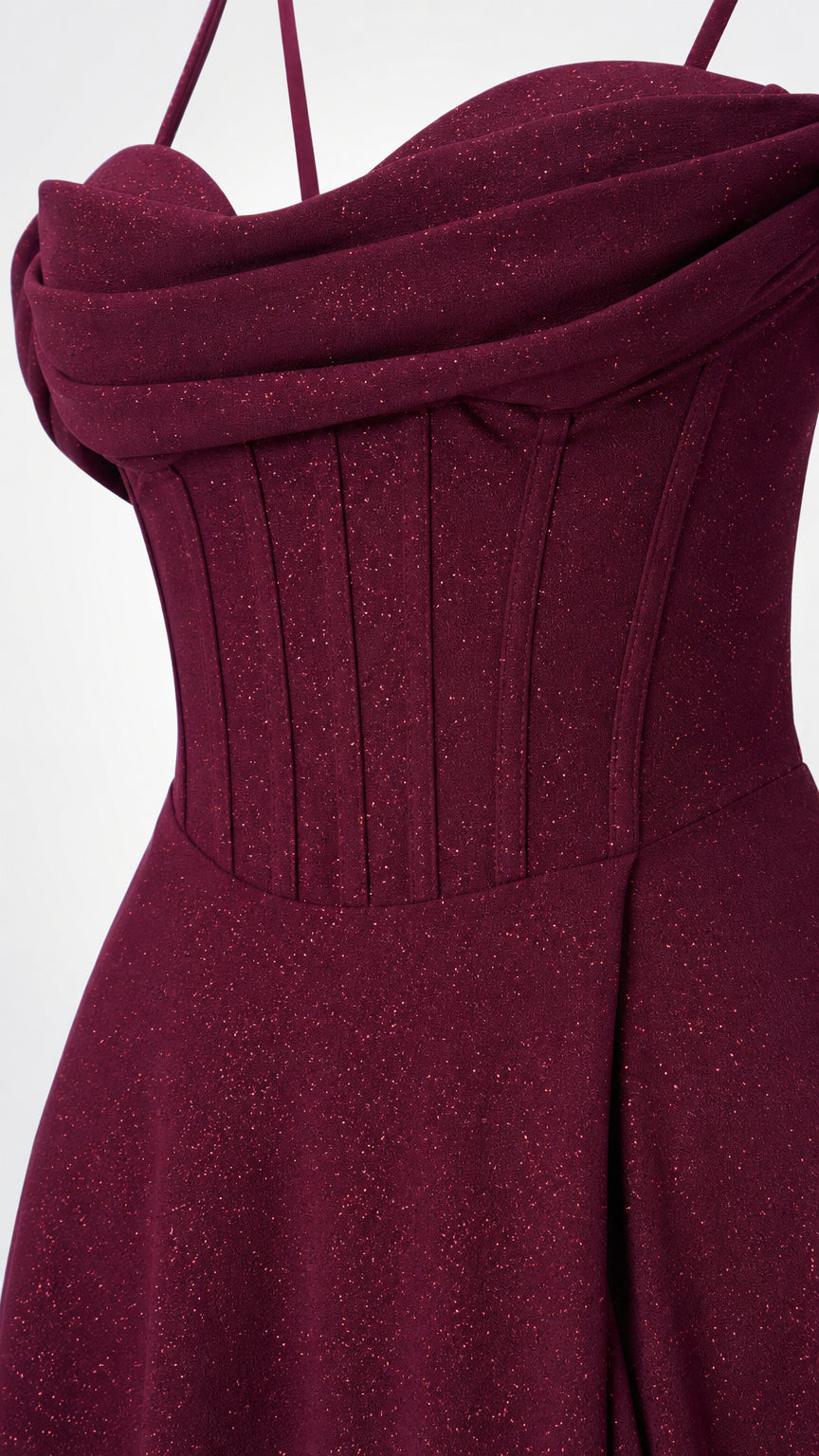 Close-up of structured corset bodice and sweetheart neckline