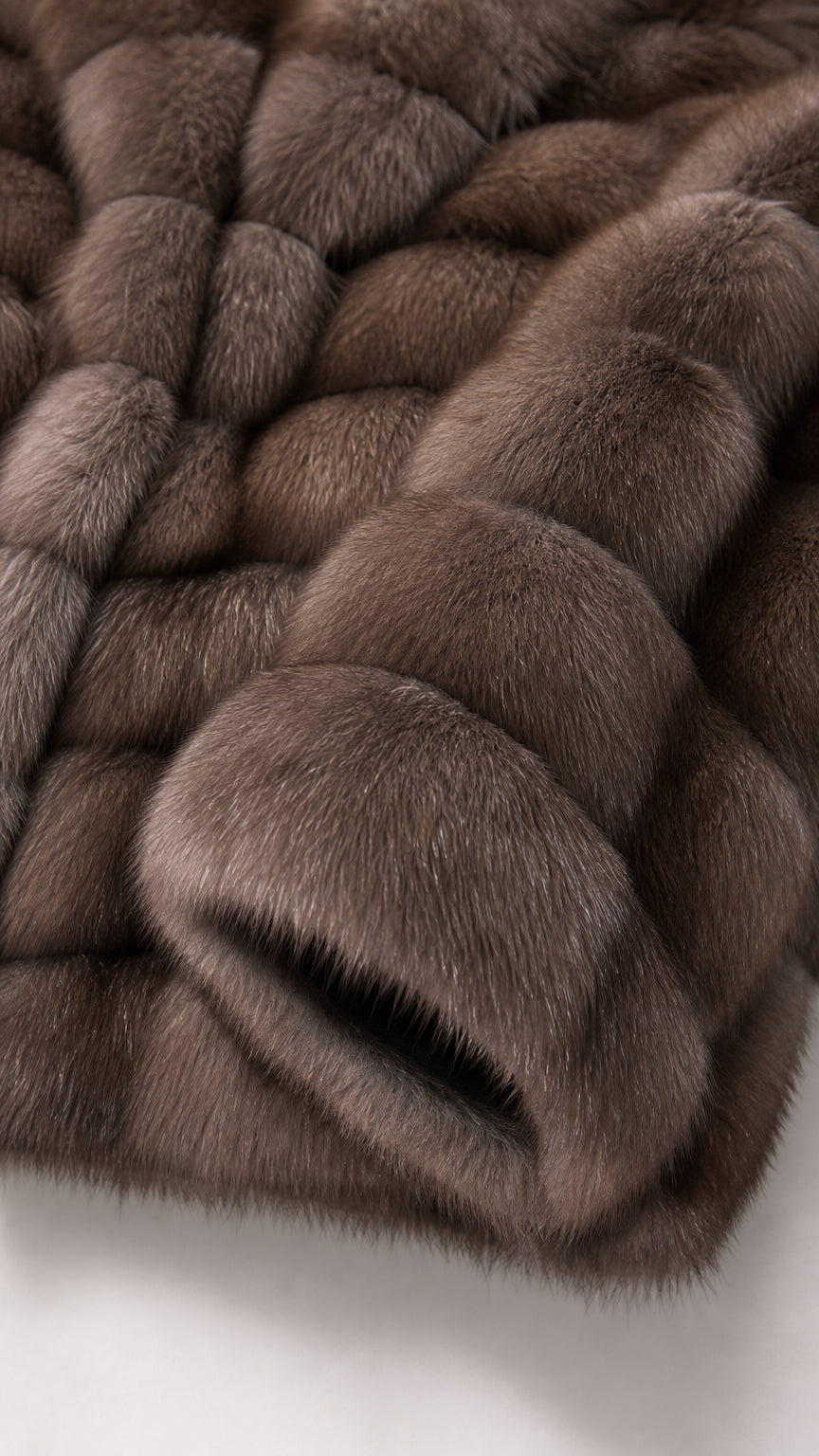 Close-up detail of plush mocha brown textured faux fur fabric and cuff construction