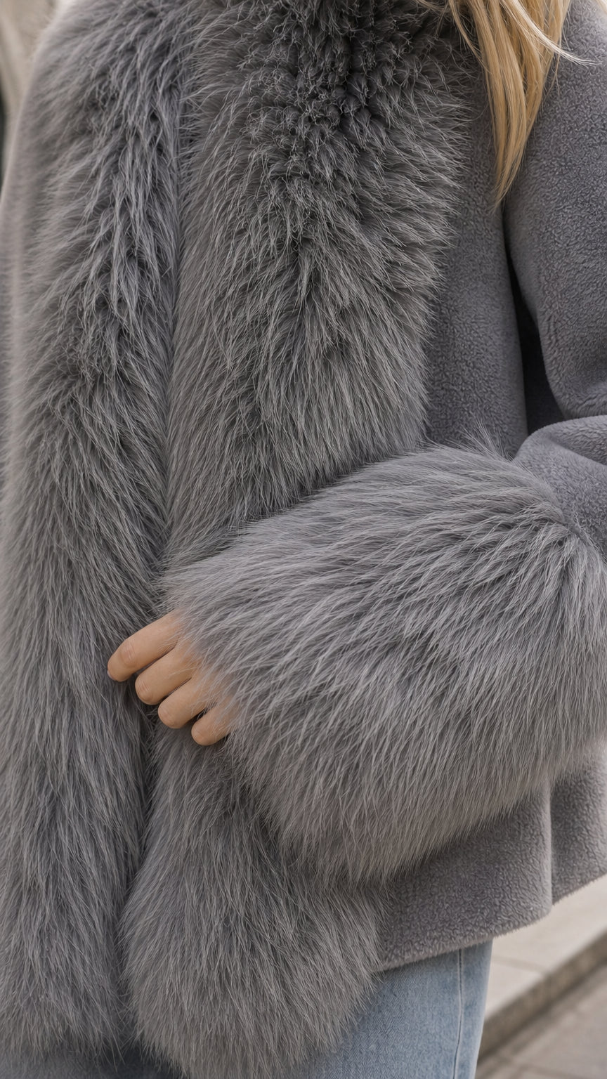 Close-up detail of textured grey faux fur cuffs and body fabric