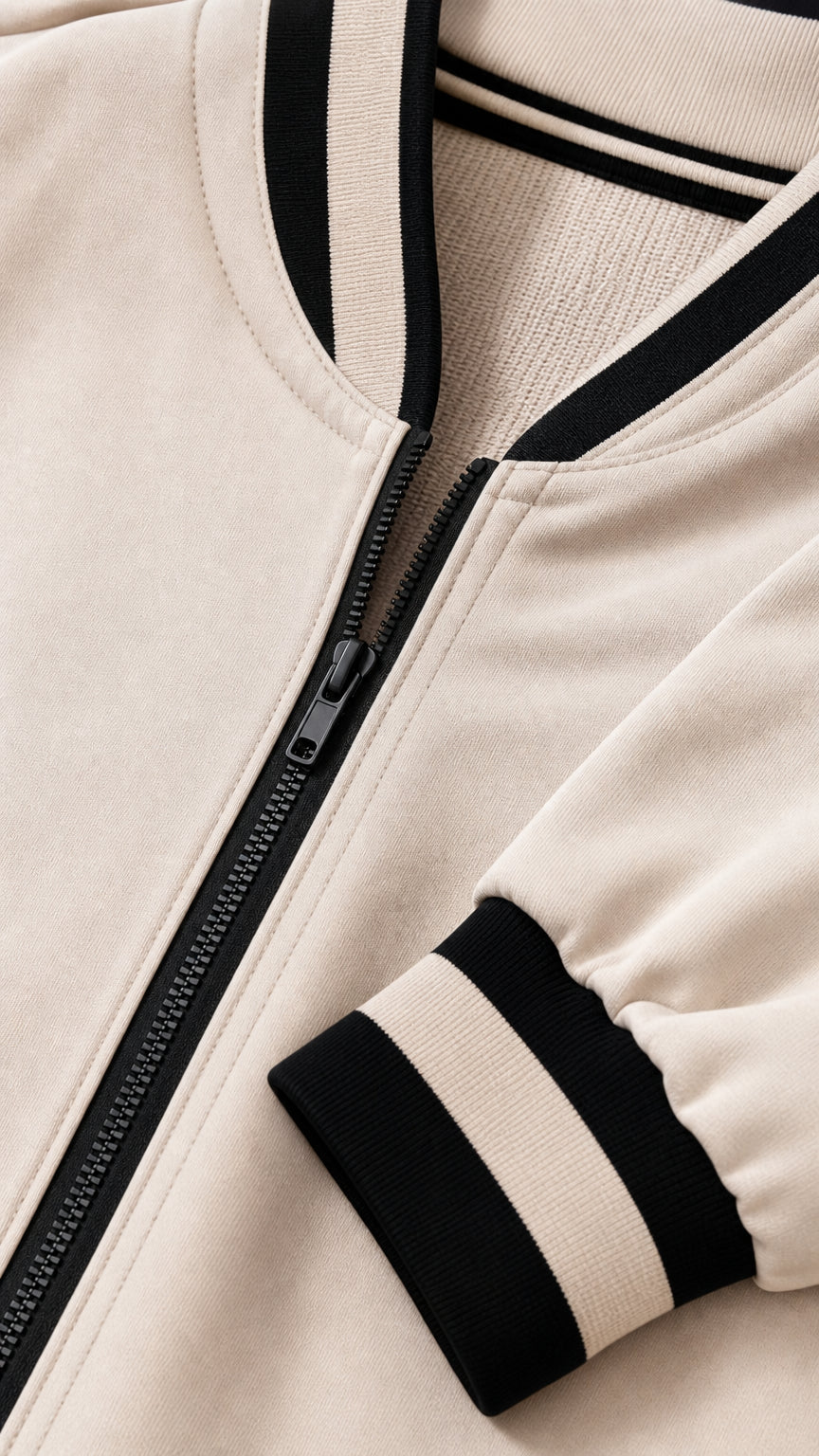 Close-up detail of beige bomber jacket zipper and striped ribbed cuffs