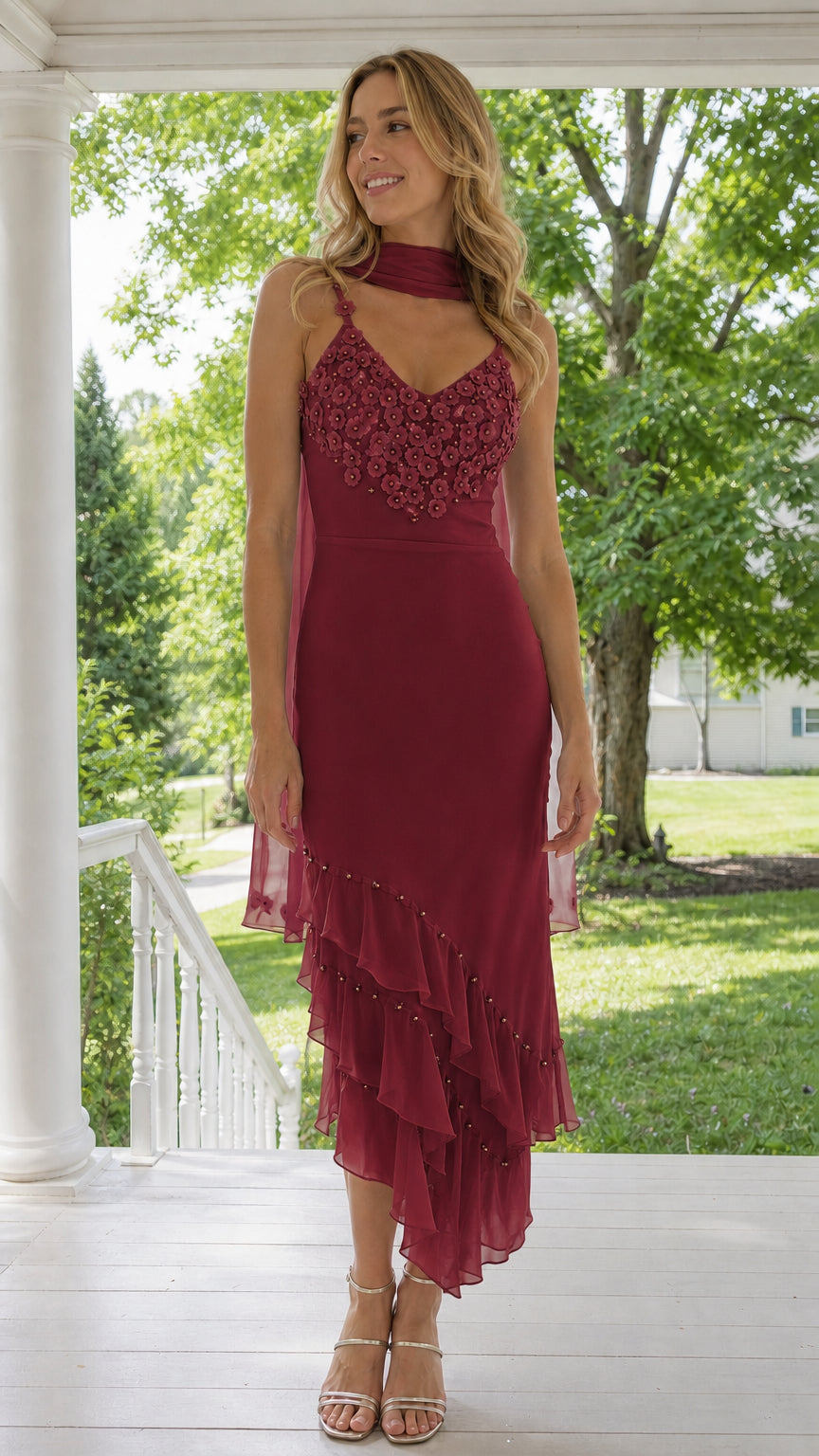 Burgundy wine floral applique asymmetrical ruffle midi dress with scarf