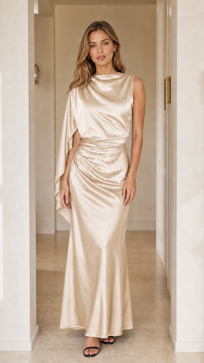 Front view of champagne gold cape sleeve satin formal maxi dress